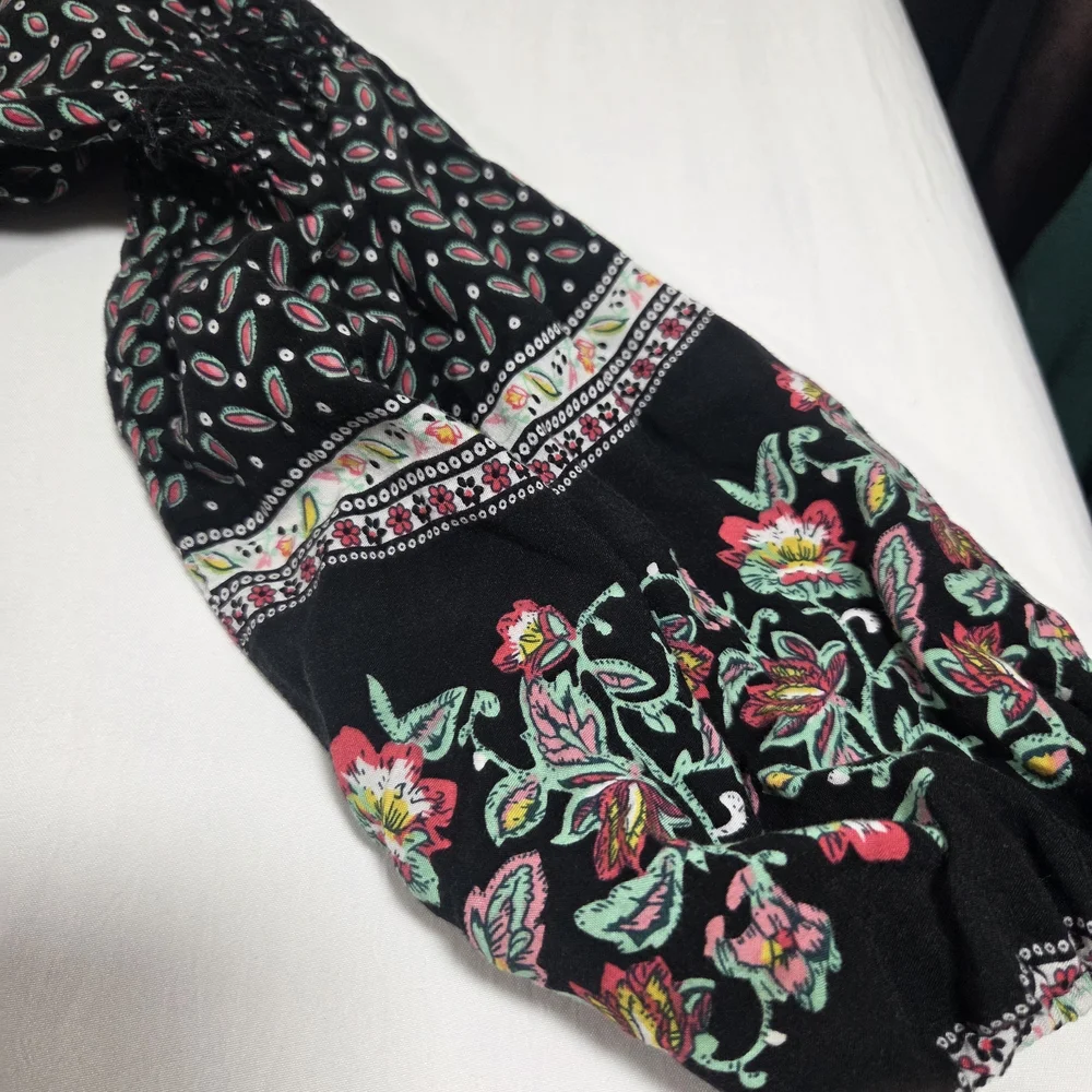 Umgee Boho Black Printed Dress Pink Trim Colorblock V Neck Embroidered Sleeves - Picture 15 of 16